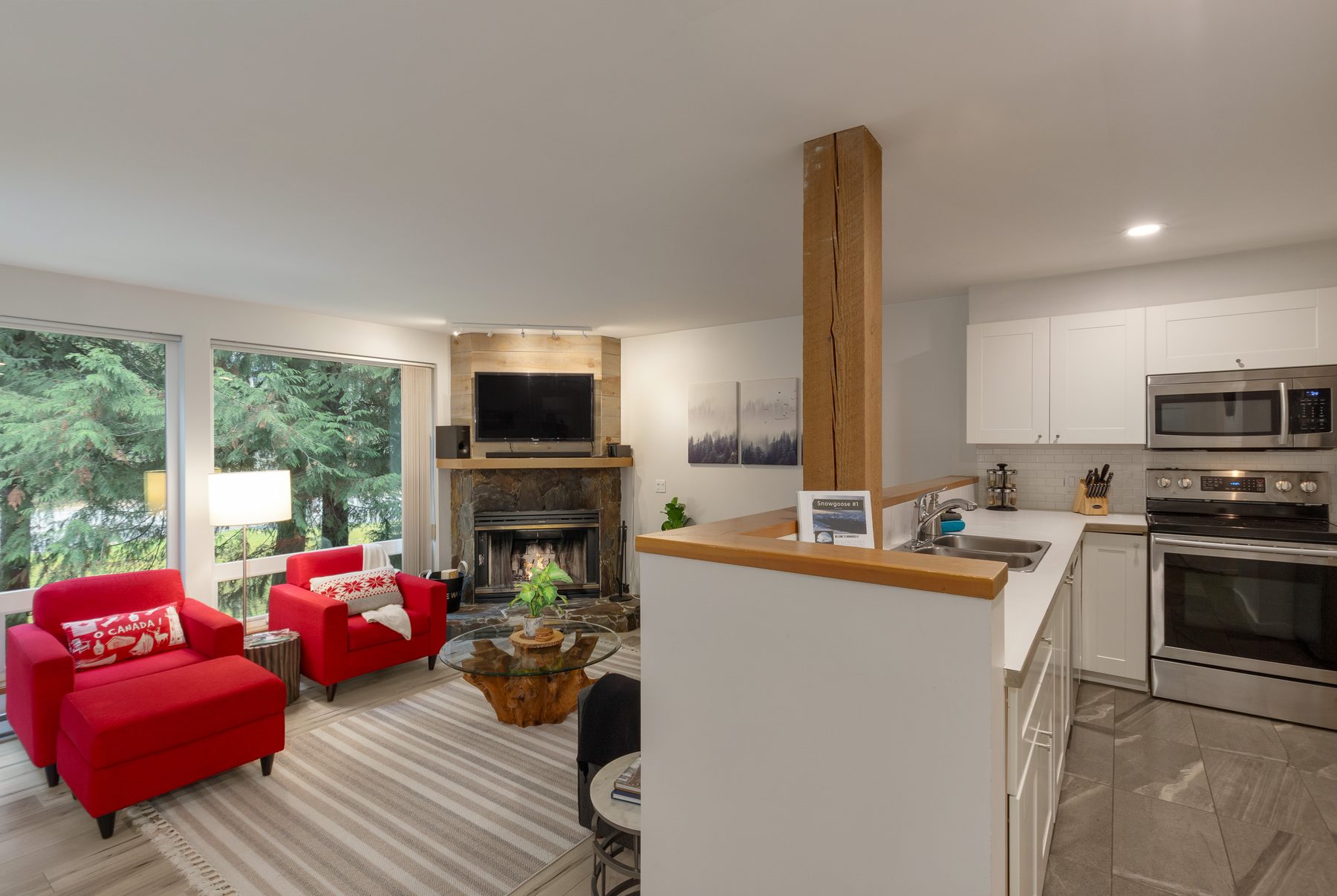 Living area with red armchairs